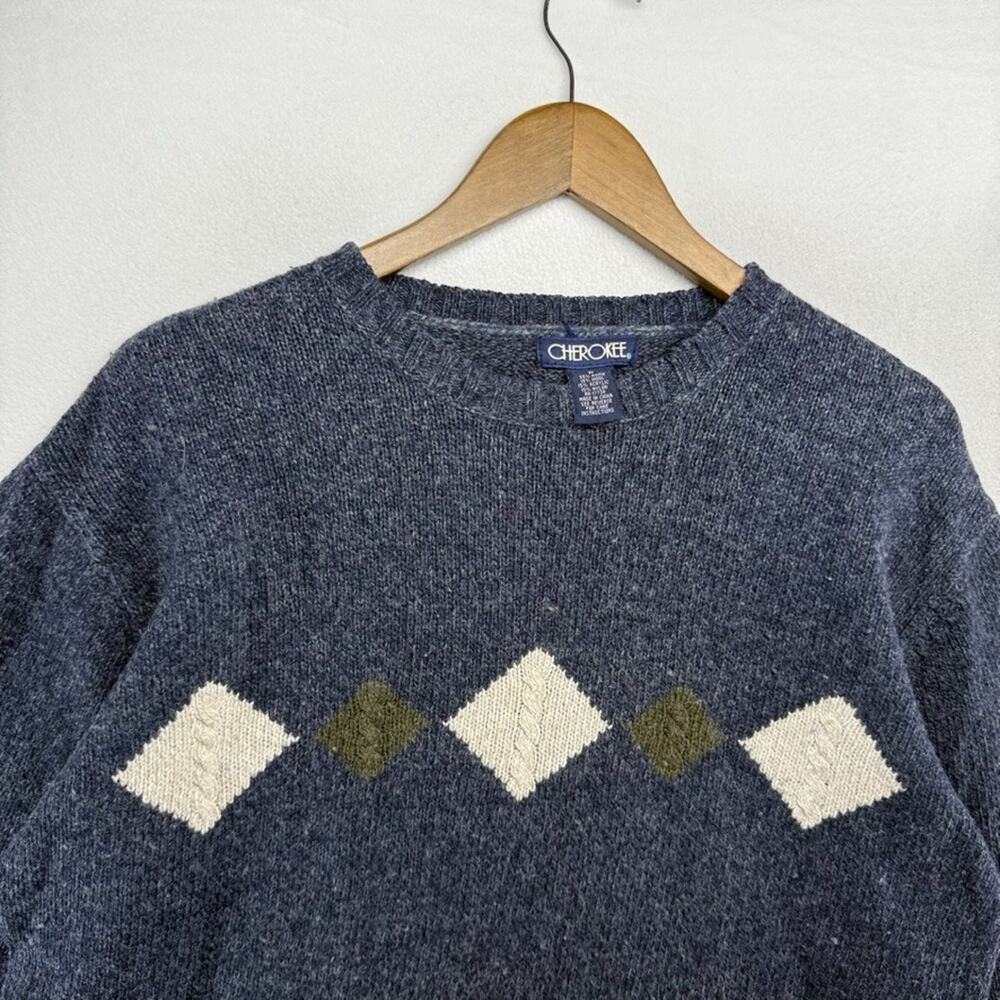 Vintage Cherokee Sweater Men's Medium Blue Diamond Golf Preppy Cricket Wool 90s